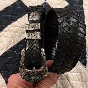 Vintage German Silver & Silver plated buckle  black Mexico leather braided belt